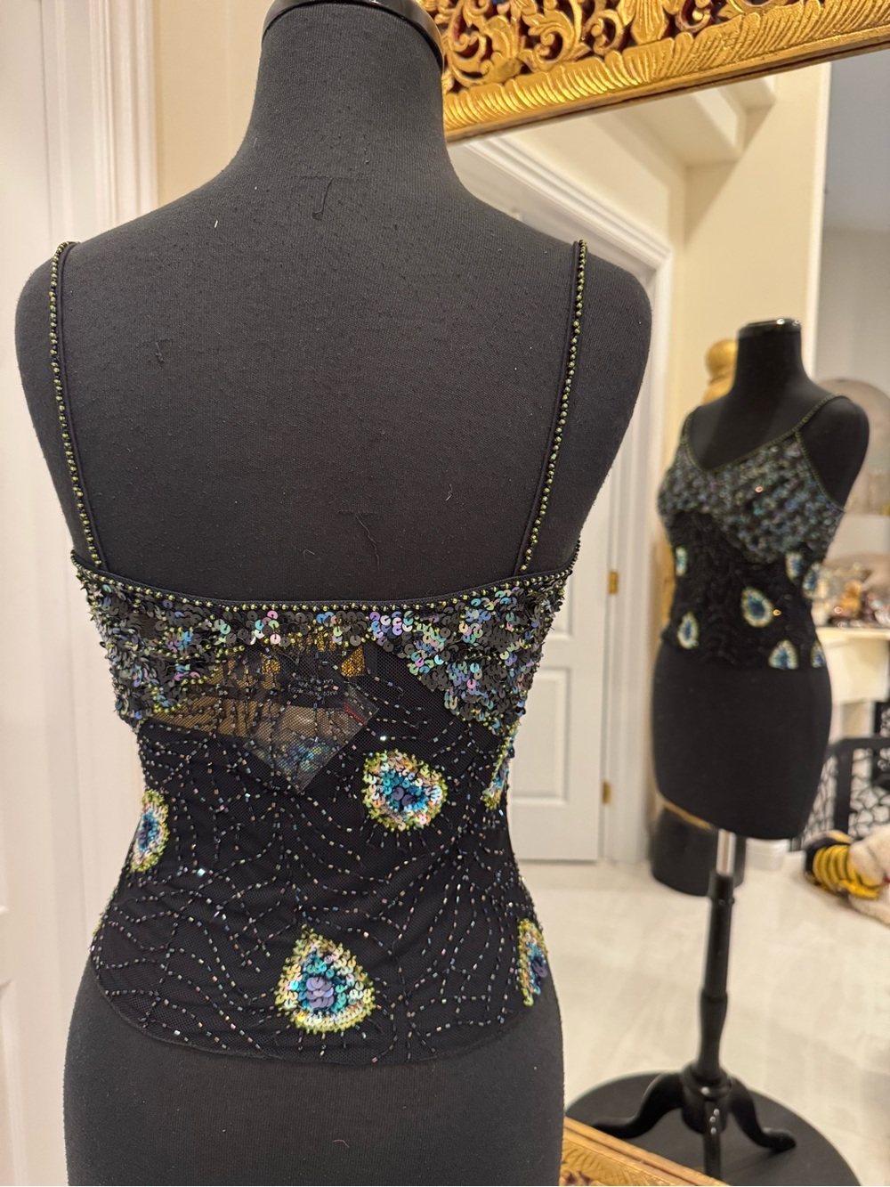 Black Beaded & hand beaded Sequin Peacock Motif Cami Top stretch - Picture 6 of 6